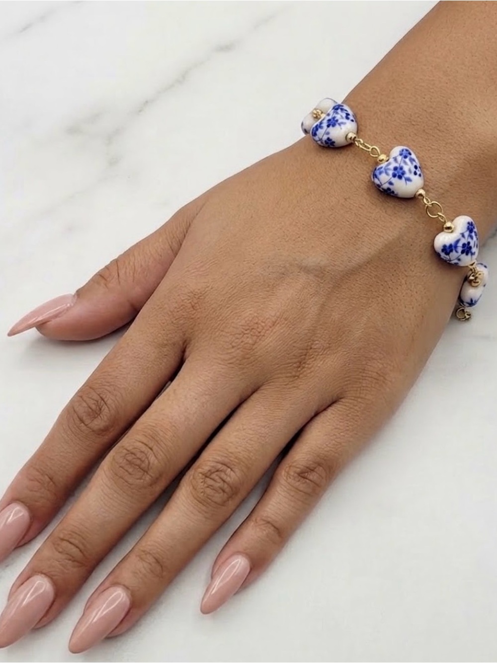 Blue & White Ceramic Heart Charm Bracelet